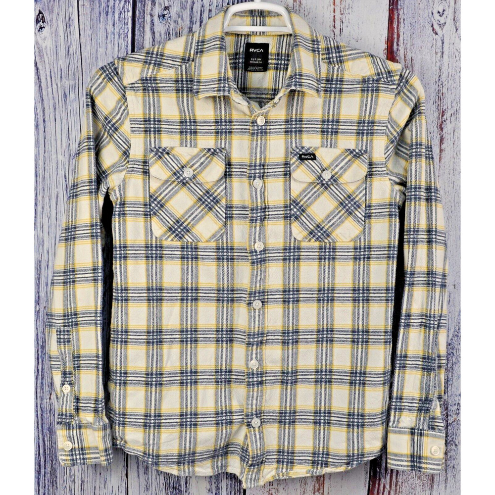 RVCA Flannel Shirt Men's Size Small Long Sleeve Button Up Blue White Plaid